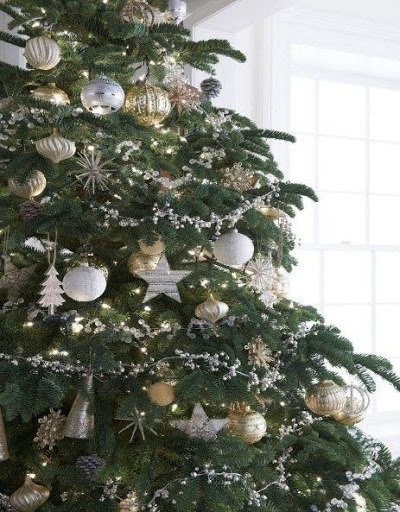 christmas tree ornaments and white wall